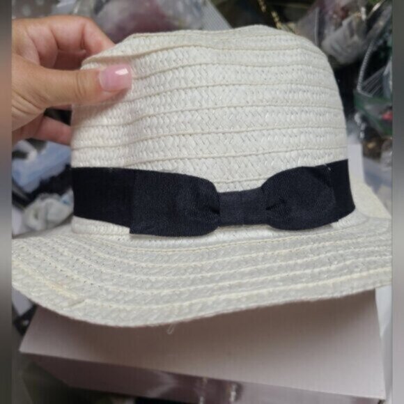 White Black Bow Beach Hat Wide Rim Sun Hat Vacation Holiday Straw Hat - Picture 4 of 7